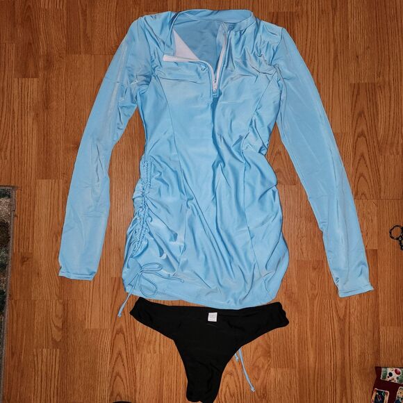Womens  Blue Rashguard Long Sleeve Top With Black Bikini Bottom Sz L UFP Beach - Picture 11 of 16